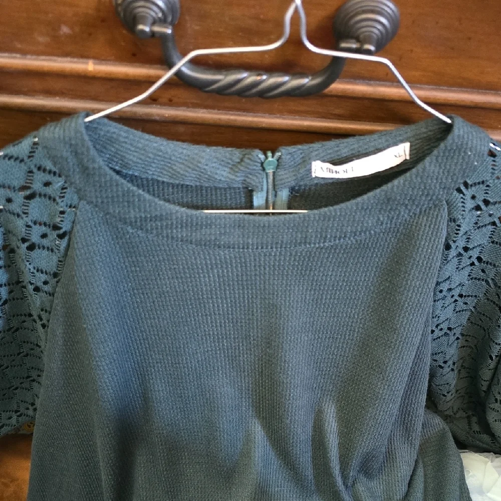 Crochet Balloon Sleeve Knit Pullover - Forest Green - Picture 2 of 5